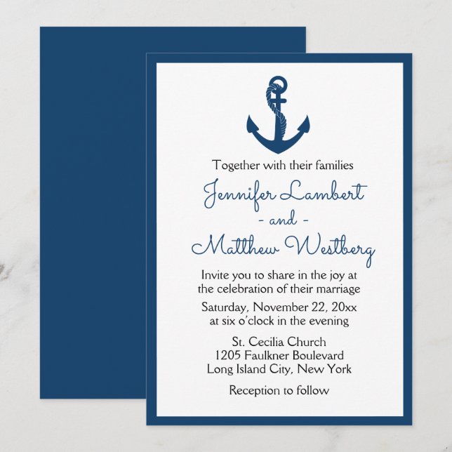 Nautical Navy Blue Wedding Anchor Sailor Beach Invitation (Front/Back)