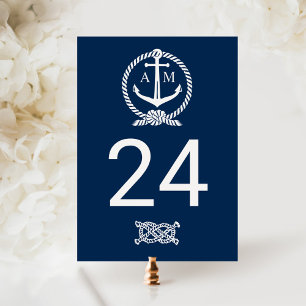 Nautical Navy Blue Wedding Monogram Table Number Postcard