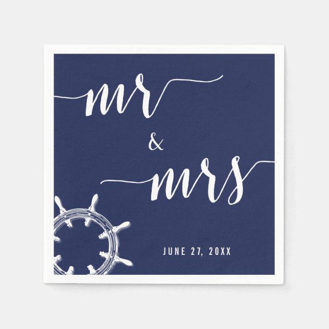 Nautical Navy Blue Wedding Napkins With Wheel (Front)