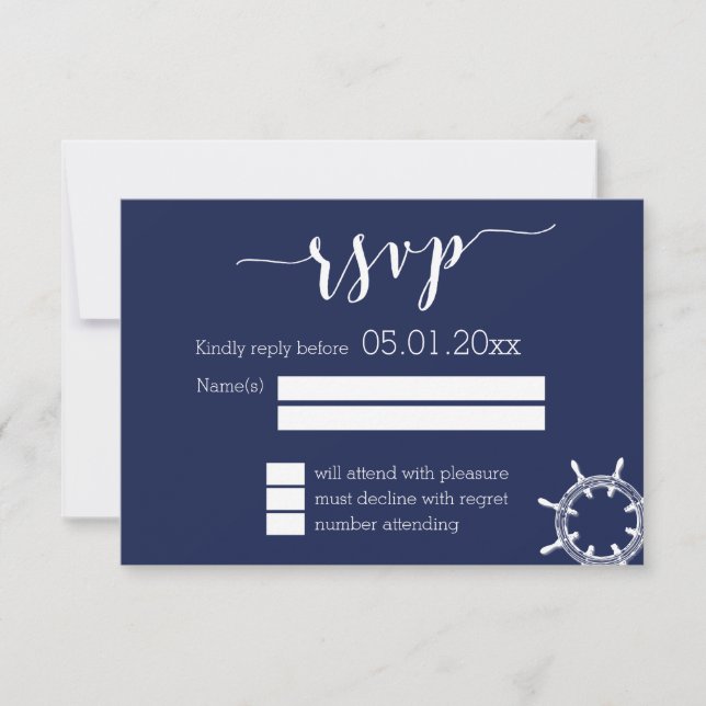 Nautical Navy Blue Wedding RSVP Cards With Wheel (Front)