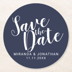 Nautical Navy Blue Wedding Save the Date Round Paper Coaster