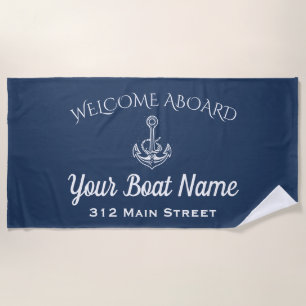 Nautical Navy Blue Welcome Aboard Anchor Boat Name Beach Towel
