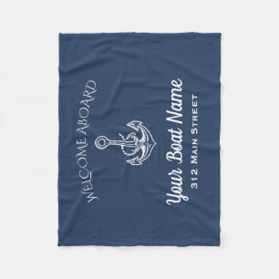 Nautical Navy Blue Welcome Aboard Anchor Boat Name Fleece Blanket