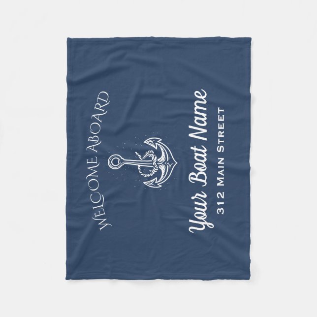 Nautical Navy Blue Welcome Aboard Anchor Boat Name Fleece Blanket (Front)