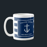 Nautical Navy Blue Welcome Aboard Boat Name Anchor Coffee Mug<br><div class="desc">Nautical Navy Blue Welcome Aboard Boat Name Anchor Coffee Mug</div>