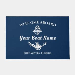 Nautical Navy Blue Welcome Aboard Boat Name Anchor Doormat