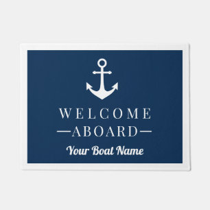 Nautical Navy Blue Welcome Aboard Boat Name Anchor Doormat