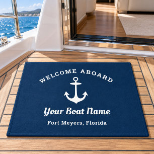 Nautical Navy Blue Welcome Aboard Boat Name Anchor Doormat