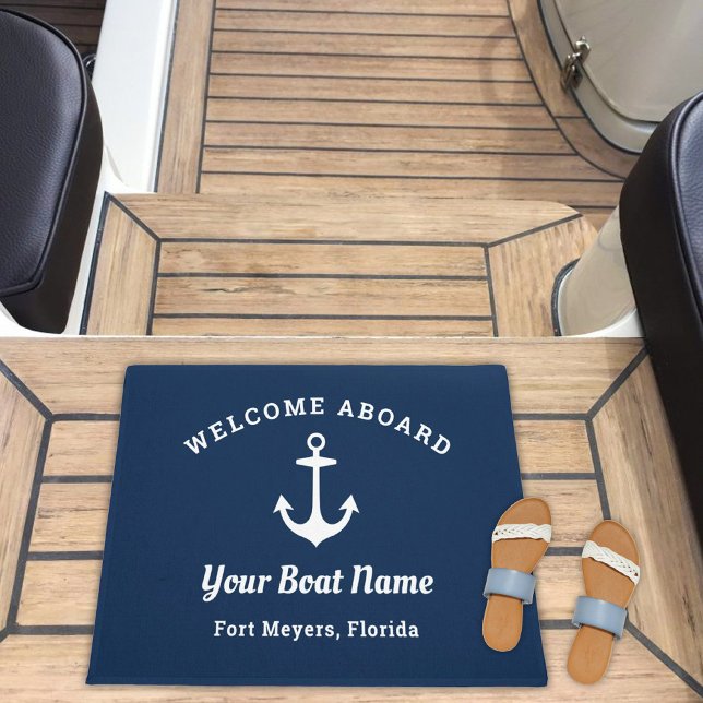 Nautical Navy Blue Welcome Aboard Boat Name Anchor Doormat (Creator Uploaded)