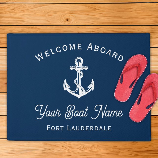 Nautical Navy Blue Welcome Aboard Boat Name Anchor Doormat (Creator Uploaded)