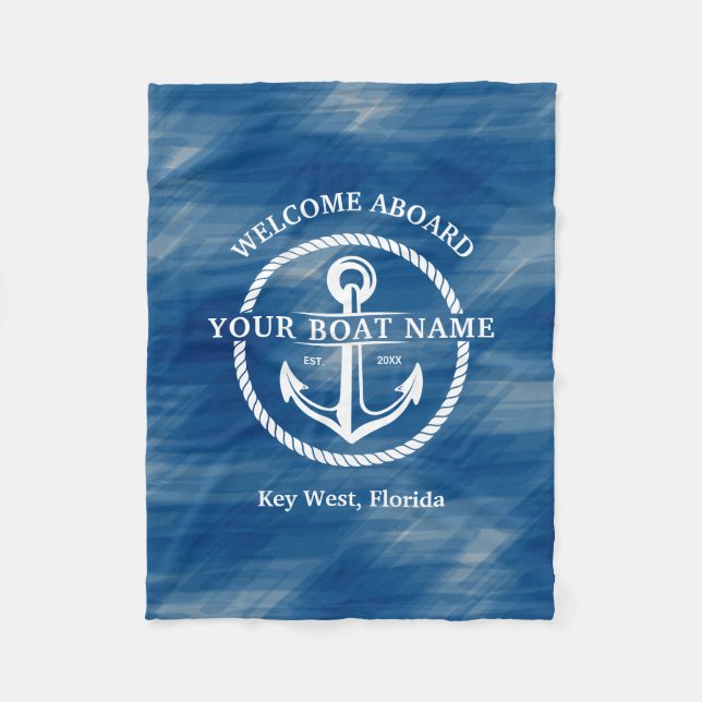 Nautical Navy Blue Welcome Aboard Boat Name Anchor Fleece Blanket (Front)