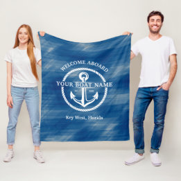 Nautical Navy Blue Welcome Aboard Boat Name Anchor Fleece Blanket