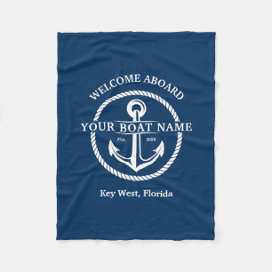 Nautical Navy Blue Welcome Aboard Boat Name Anchor Fleece Blanket