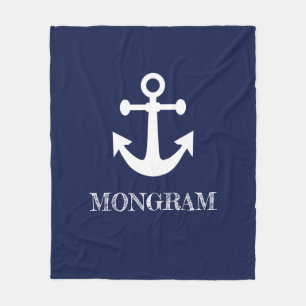 Nautical Navy Blue Welcome Aboard Boat Name Anchor Fleece Blanket