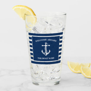 Nautical Navy Blue Welcome Aboard Boat Name Anchor Glass