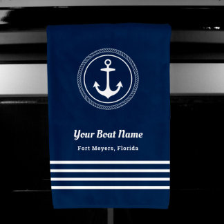 Nautical Navy Blue Welcome Aboard Boat Name Anchor Hand Towel