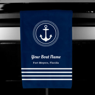 Nautical Navy Blue Welcome Aboard Boat Name Anchor Hand Towel