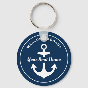 Nautical Navy Blue Welcome Aboard Boat Name Anchor Key Ring