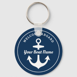 Nautical Navy Blue Welcome Aboard Boat Name Anchor Key Ring