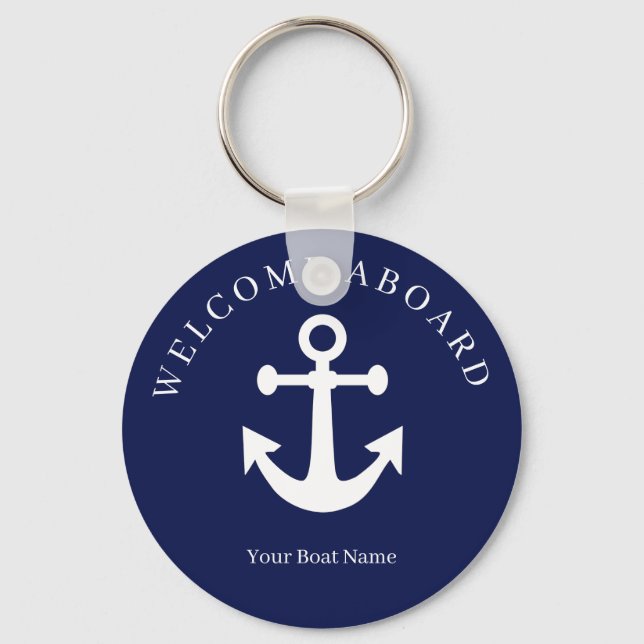 Nautical Navy Blue Welcome Aboard Boat Name Anchor Key Ring (Front)