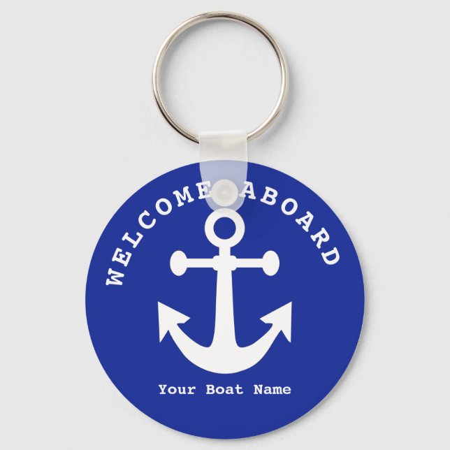 Nautical Navy Blue Welcome Aboard Boat Name Anchor Key Ring (Front)