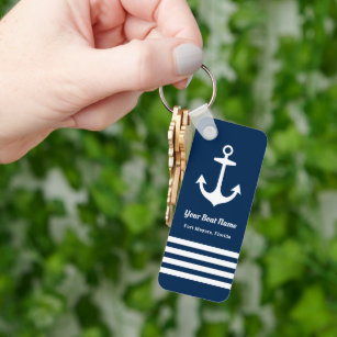 Nautical Navy Blue Welcome Aboard Boat Name Anchor Key Ring