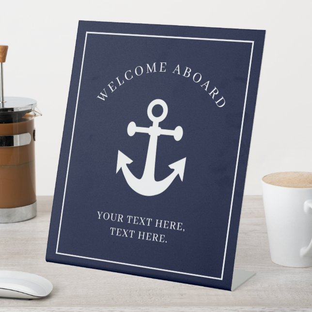 Nautical Navy Blue Welcome Aboard Boat Name Anchor Pedestal Sign (In SItu)