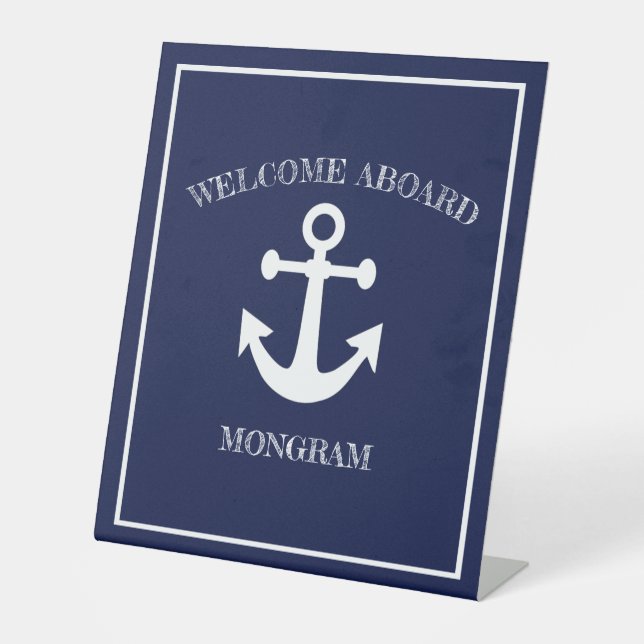 Nautical Navy Blue Welcome Aboard Boat Name Anchor Pedestal Sign (Front)