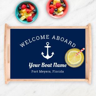 Nautical Navy Blue Welcome Aboard Boat Name Anchor Serving Tray