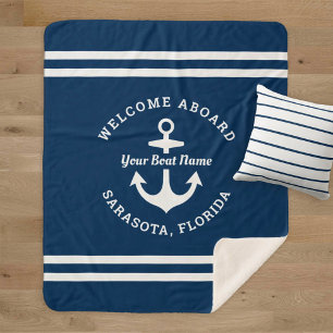 Nautical Navy Blue Welcome Aboard Boat Name Anchor Sherpa Blanket