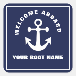 Nautical Navy Blue Welcome Aboard Boat Name Anchor Square Sticker
