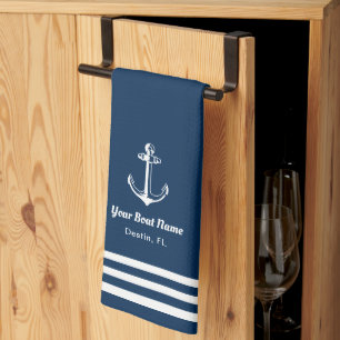 Nautical Navy Blue Welcome Aboard Boat Name Anchor Tea Towel
