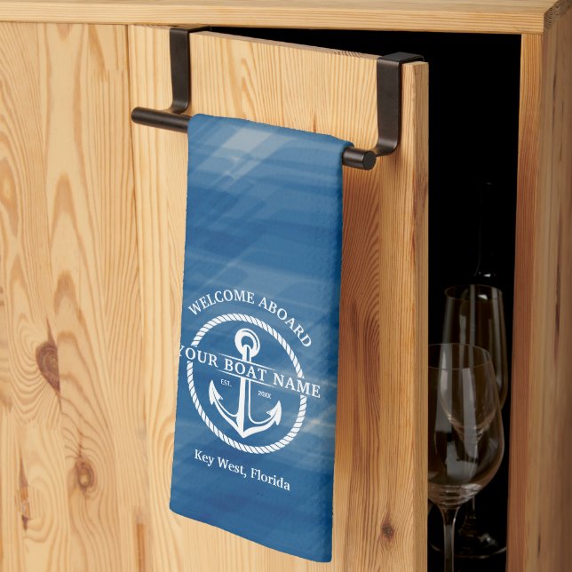 Nautical Navy Blue Welcome Aboard Boat Name Anchor Tea Towel (Thirds Fold)