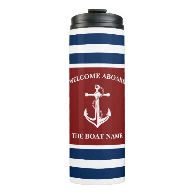 Nautical Navy Blue Welcome Aboard Boat Name Anchor Thermal Tumbler (Front)