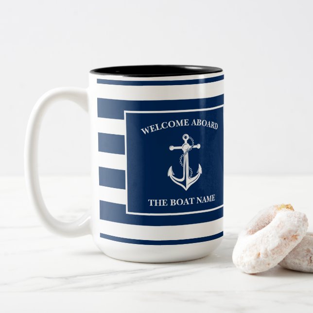 Nautical Navy Blue Welcome Aboard Boat Name Anchor Two-Tone Coffee Mug (With Donut)