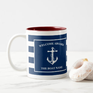 Nautical Navy Blue Welcome Aboard Boat Name Anchor Two-Tone Coffee Mug