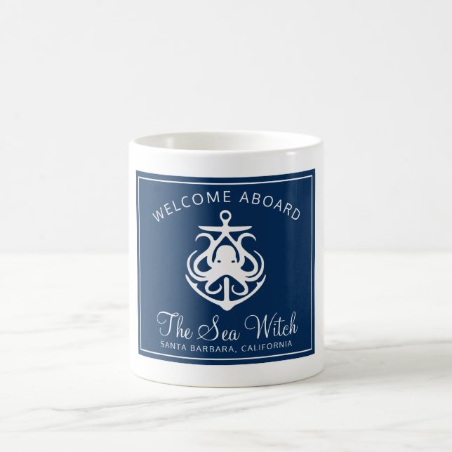 Nautical Navy Blue Welcome Aboard Boat Name   Coff Coffee Mug (Center)