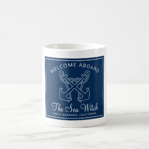 Nautical Navy Blue Welcome Aboard Boat Name   Coffee Mug