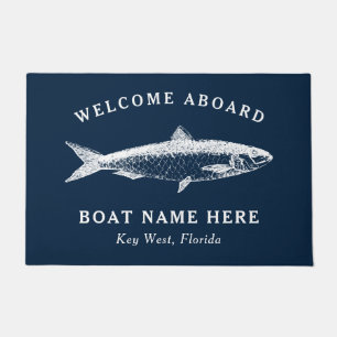 Nautical Navy Blue Welcome Aboard Boat Name Fish Doormat