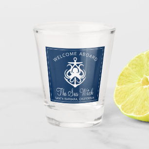 Nautical Navy Blue Welcome Aboard Boat Name Shot G Glass