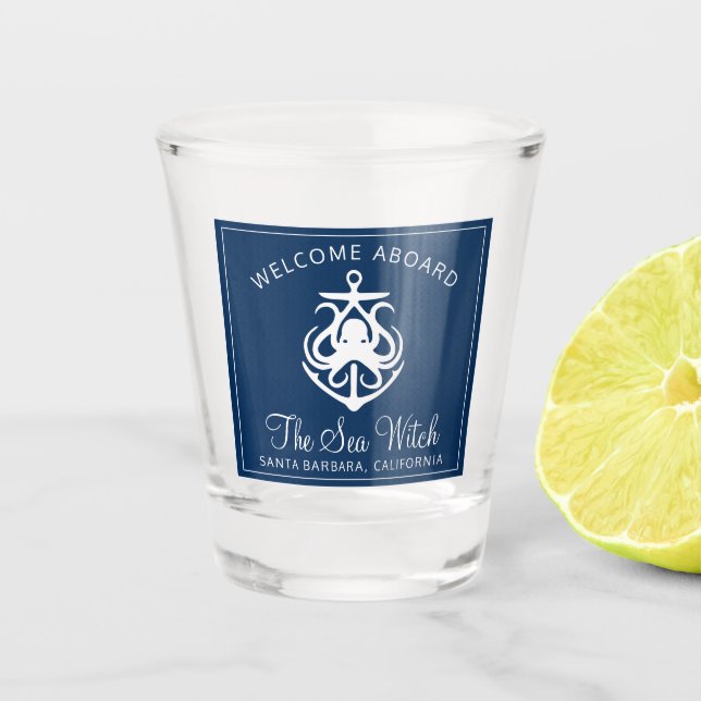 Nautical Navy Blue Welcome Aboard Boat Name Shot G Shot Glass (Front)
