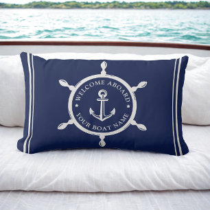 Nautical Navy Blue Welcome Aboard Custom Boat Name Lumbar Cushion