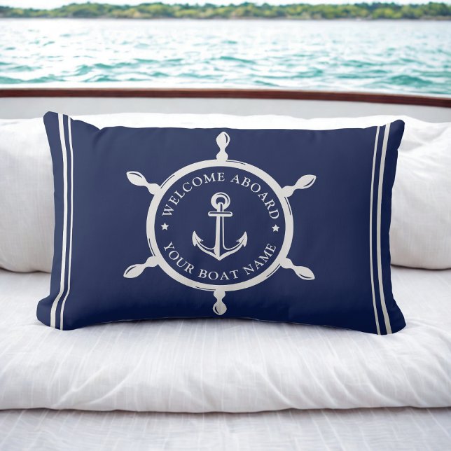 Nautical Navy Blue Welcome Aboard Custom Boat Name Lumbar Cushion (Nautical Navy Blue Welcome Aboard Custom Boat Name Lumbar Pillow)