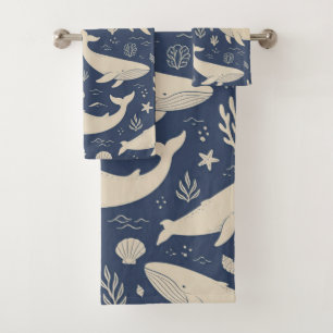 Nautical Navy Blue Whale and Sea Life Summer Bath Towel Set