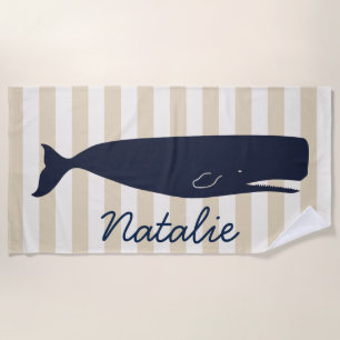 Nautical Navy Blue Whale & Stripes with Name Beach Towel