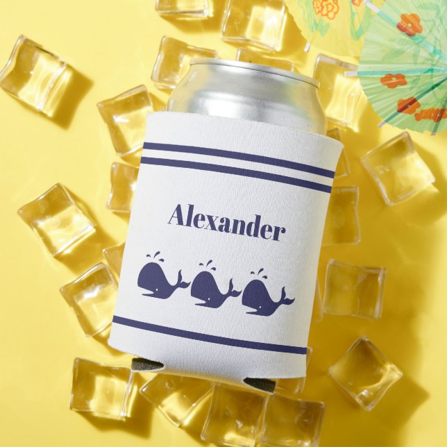 Nautical Navy Blue Whale white coastal living  Can Cooler (In Situ Summer)