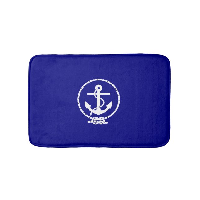 Nautical Navy Blue White Anchor Bath Mat (Front)