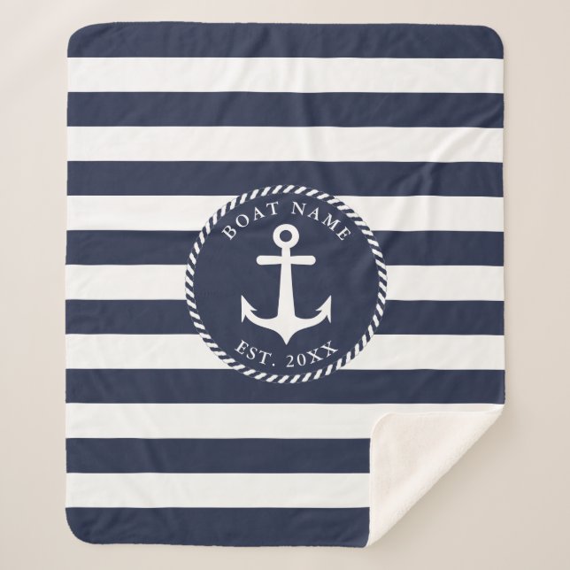 Nautical Navy Blue White Anchor Boat Name Sherpa Blanket (Front)