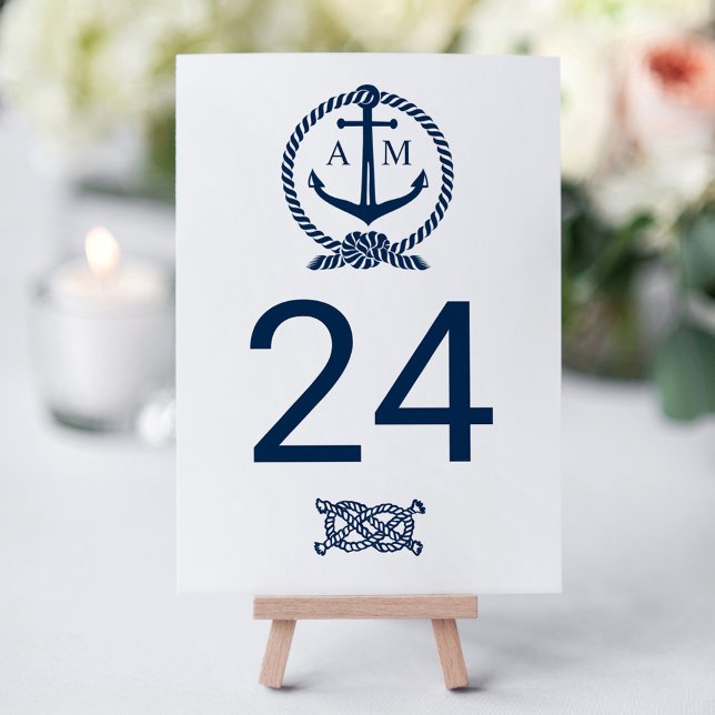 Nautical Navy Blue White Anchor Monogram Wedding Table Number (Creator Uploaded)