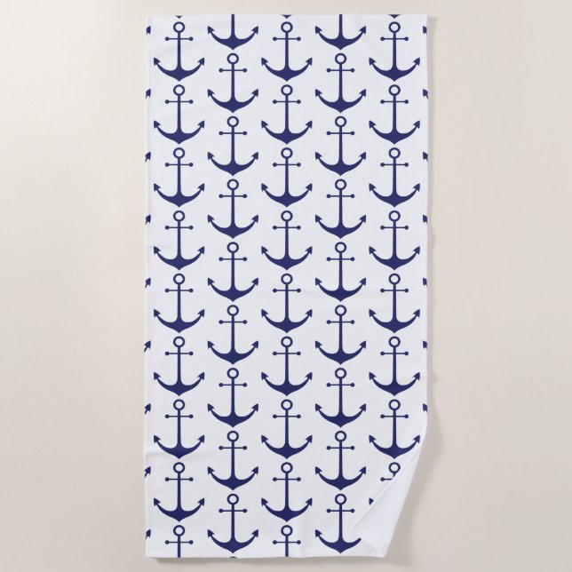 Nautical navy blue white anchor pattern beach towel (Front)